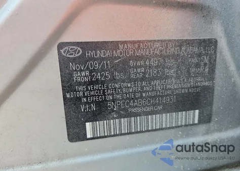 2012 Hyundai Sonata Se из США, поврежденный, VIN 5NPEC4AB6CH414931